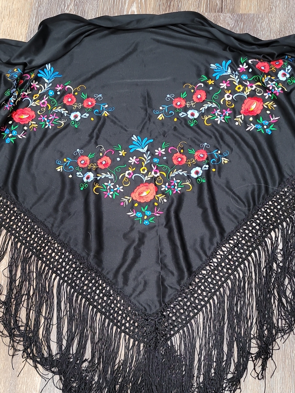 Vintage Boho Embroidered Shawl Scarf Black Floral